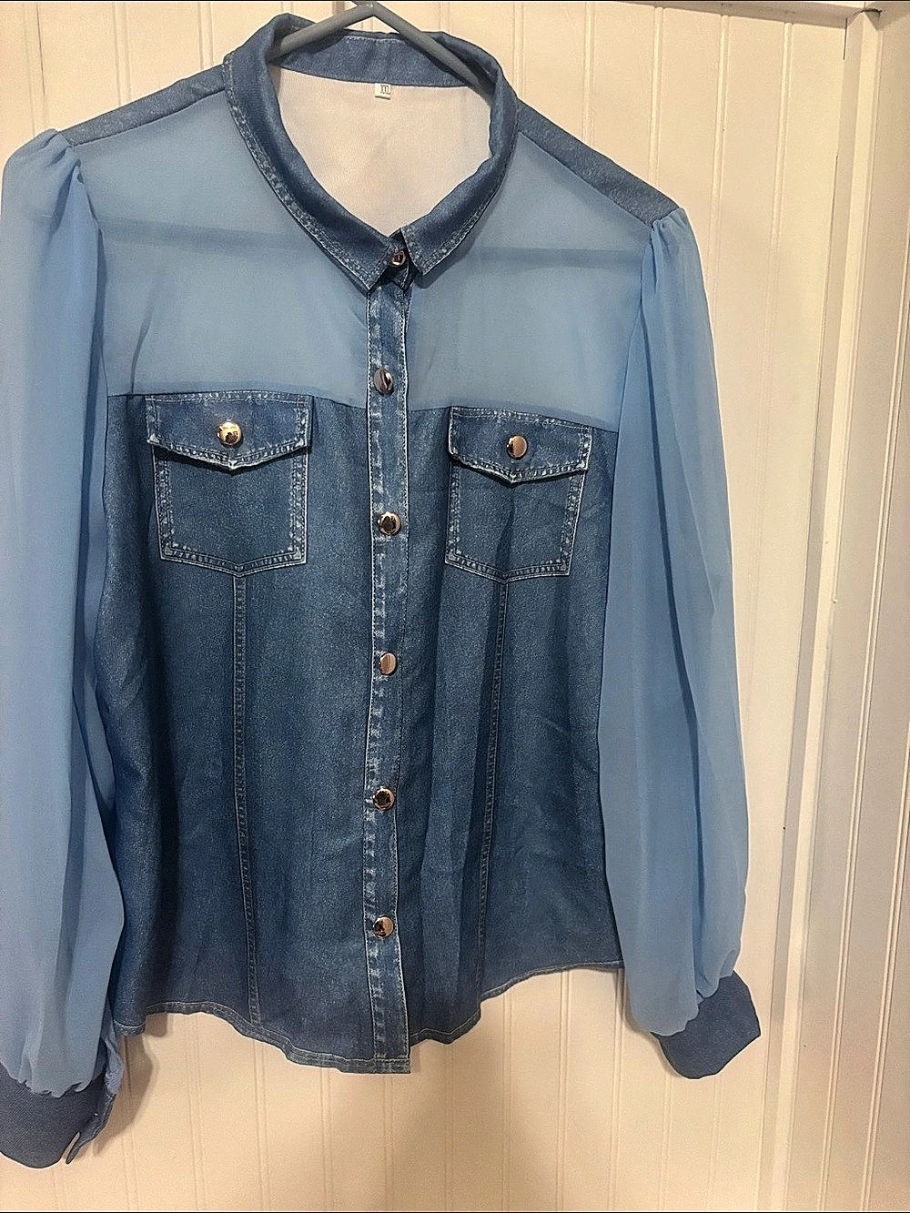 Denim Look Sheer Sleeve Blouse in Blue Size XXL